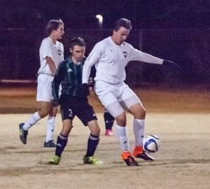 Connor Woltz jockeys for position in front of the Miami goal.