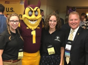 Clara Moffitt, left, with the ASU mascot, Emma Moriarty and Tempe Mayor Mark Mitchell.