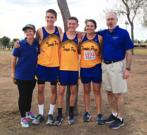 From left, assistant coach Heather Kiser, state qualifiers Jacob Steineke, Trevor Kerber and Isabella DiCaro, and head coach Doc Hickernell.